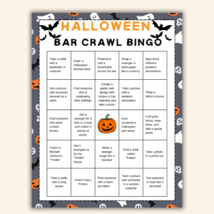 Halloween bar crawl Bingo - front