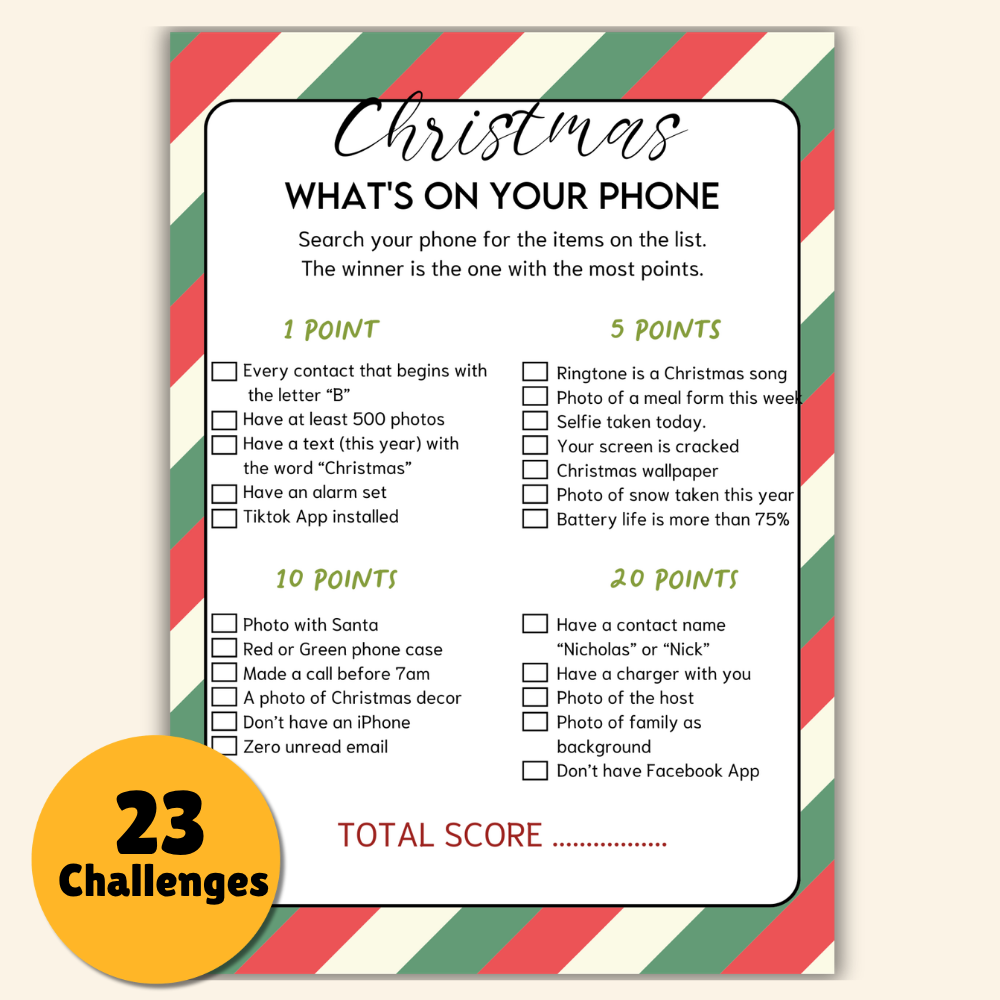 Christmas What's On Your Phone Game | 23 Challenges | Printable Party Game